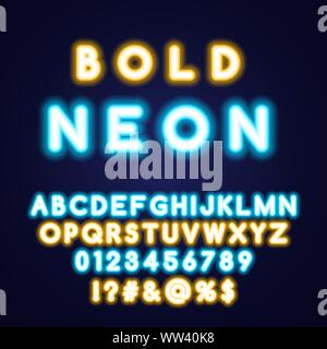 Bold Neon tube alphabet font. Yellow and blue color bold letters and numbers. Stock vector typeset for your headers or any typography design Stock Vector