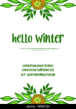 Handwritten lettering of hello winter with natural blue leaf flower ...
