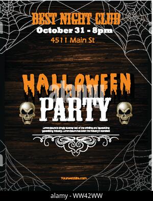 Modern Halloween party flyer with old sign,black lantern, old hat, pumpkin, and party hat on orange background. Stock Vector