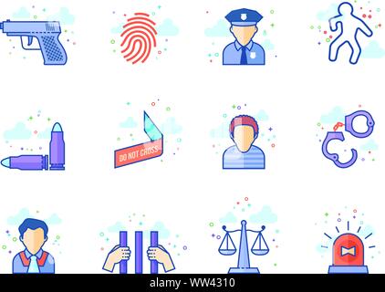 Crime icons in flat color style. Vector illustration. Stock Vector