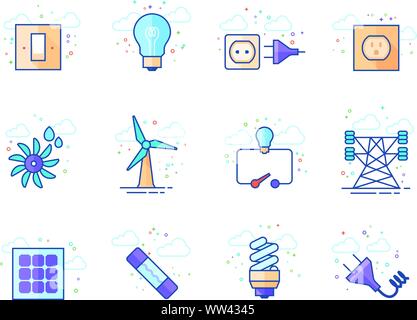 Electricity icons in flat color style. Vector illustration. Stock Vector