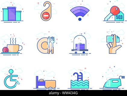 Hotel icons in flat color style. Vector illustration. Stock Vector