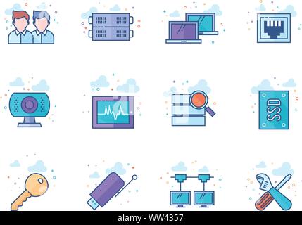 Computer network icon series in flat color style. Vector illustration. Stock Vector