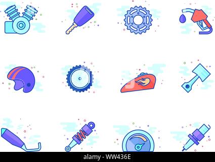Motorcycle parts icons in flat color style. Vector illustration. Stock Vector