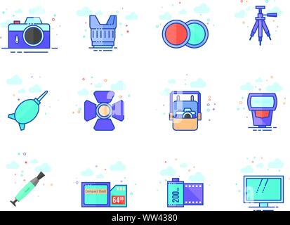 Photography icons in flat color style. Vector illustration. Stock Vector