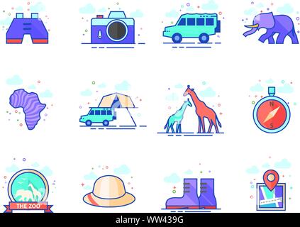 Safari icons in flat color style. Vector illustration. Stock Vector