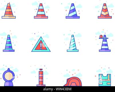 Traffic warning sign icon series in flat color style. Vector illustration. Stock Vector