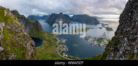 Panoramic view of Reine,View from Reinebringen in the Lofoten,Norway Stock Photo