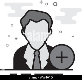 Businessman with plus sign icon in flat outlined grayscale style. Vector illustration. Stock Vector