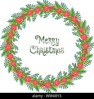 Calligraphic poster of merry christmas on texture green leafy floral frame background. Vector Stock Vector