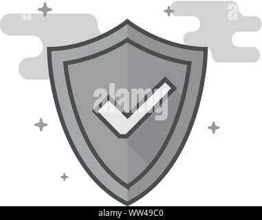 Shield icon with checkmark in flat outlined grayscale style. Vector illustration. Stock Vector