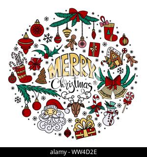 Christmas doodles set. Merry Christmas greeting card. Vector illustration. Hand drawn outline elements and holiday symbols. Stock Vector