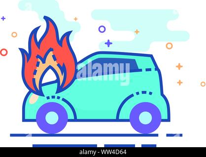 Car on fire icon in outlined flat color style. Vector illustration. Stock Vector