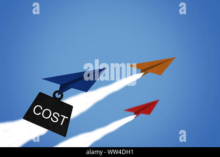Business financial cost concept, paper plane on blue sky background Stock Photo
