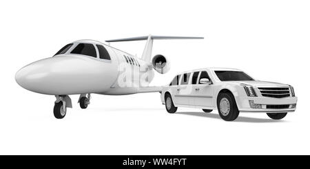 Luxury Limousine Car and Private Jet Isolated Stock Photo