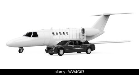 Luxury Limousine Car and Private Jet Isolated Stock Photo