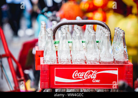Coca Cola glass bottles of soda pop soft drinks are ship to sold in every restaurants and popular to drink and sell well around the world.10 October 2 Stock Photo