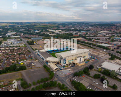Aerial photo of Elland Road Football Club Stadium, taken in Leeds West Yorkshire of the Leeds United Football Club in the UK Stock Photo