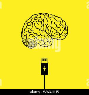 Abstract black human brain silhouette with charge cable isolated on yellow background Stock Vector