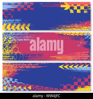 Three color grunge elements tire tracks banners with race elements Stock Vector