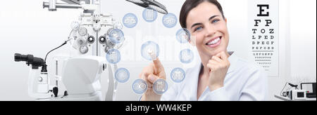 concept of eye examination, smiling woman touch screen with icons in optometrist office, optician diagnostic equipments on background Stock Photo