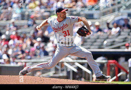 Atlanta, GA, USA. 08th Sep, 2019. Washington Nationals pitcher Max Scherzer delivers a pitch during the third inning of a MLB game against the Atlanta Braves at SunTrust Park in Atlanta, GA. Austin McAfee/CSM/Alamy Live News Stock Photo