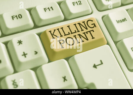 Conceptual hand writing showing Killing Point. Concept meaning Phase End Review Stage Gate Project Evaluation No Go White pc keyboard with note paper Stock Photo