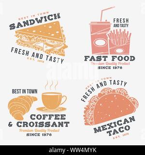 Set of fast food retro badge design. Vector. Vintage design with sandwich, coffee, taco, croissant for pub or fast food business. Template for restaurant identity objects, packaging and menu Stock Vector