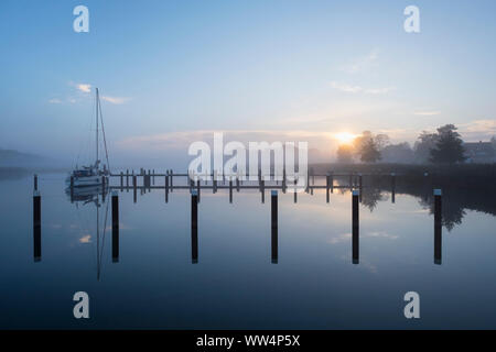 Morning mood in the harbour of Prerow at the Prerower Strom or Prerowstrom, DarÃŸ, Fischland-DarÃŸ-Zingst, Western Pomerania Lagoon Area National Park, Baltic coast, Mecklenburg-West Pomerania, Germany Stock Photo