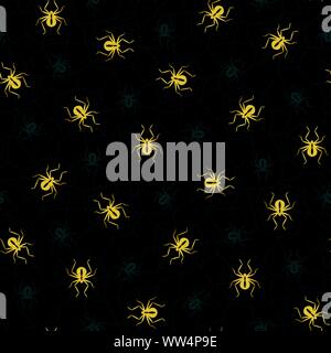 Elegant Halloween Vector Seamless Pattern With Gold and Grey Spiders on Spider Web on Black Background. Elegant Spooky Holiday Texture Perfect for Gif Stock Vector