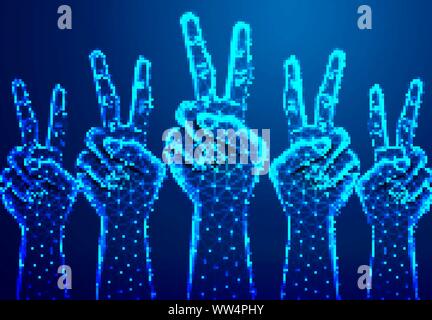 raising two fingers up on hand to show peace or strength. Abstract Low Poly. Wireframe design. Stock Vector