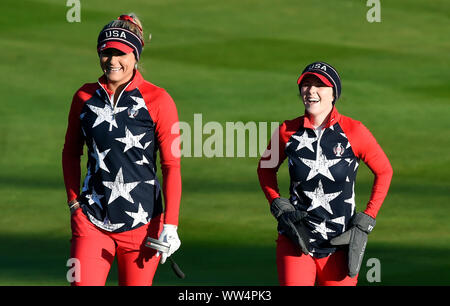 Team USA's Lexi Thompson (left) and Brittany Altomare walk up to the 1st green during the Foursomes match on day one of the 2019 Solheim Cup at Gleneagles Golf Club, Auchterarder. Stock Photo