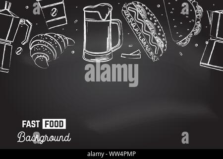 Seamless pattern with american fast food. Fast food background. Vector Illustration. Coffee, croissant, hot dog, mexican taco and beer drawing on the chalkboard Stock Vector