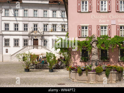 City hall and Marian fountain on the market square, Iphofen, Main-Franconia, Lower Franconia, Franconia, Bavaria, Germany Stock Photo