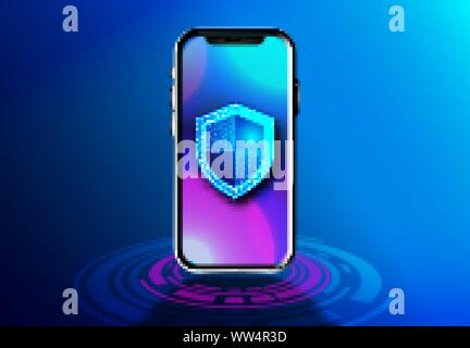 Mobile data security isometric vector illustration. . Smart app protects smart phone from thefts and hacker attacks Stock Vector