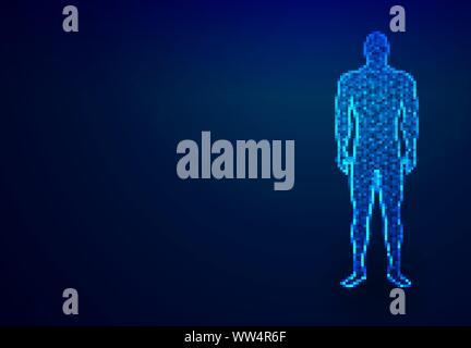 human body in virtual reality. Medical blue print scanned 3D model, Abstract Low poly wireframe mesh design. Dot and Line connection. Vector Illustrat Stock Vector