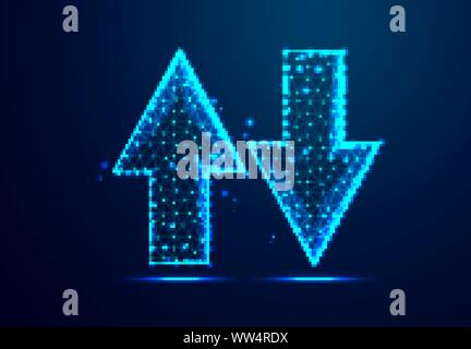 arrow up and arrow down. upload, downloading data concept. growth and down financing symbol. abstract low poly wireframe design. for background or lan Stock Vector