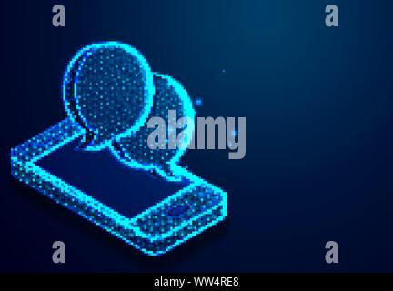 Smartphone and bubble speech,communication conxept, wireframe mesh from dot and line. landing page design background. vecor illustration Stock Vector