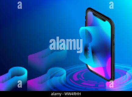 Isometric Phone / Smart phone. With Whole key. Password Security Concept. Digital Communication Design. Vector Illustration / Background Stock Vector