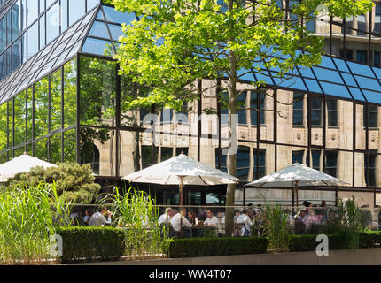 Restaurant at the Deutsche Bank high rise in Guiolettstrasse, Frankfurt on the Main, Hesse, Germany Stock Photo