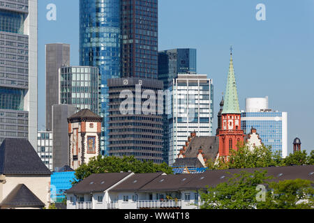 Langer Franz and old Nikolai church in front of high rises in the financial district, Frankfurt on the Main, Hesse, Germany Stock Photo