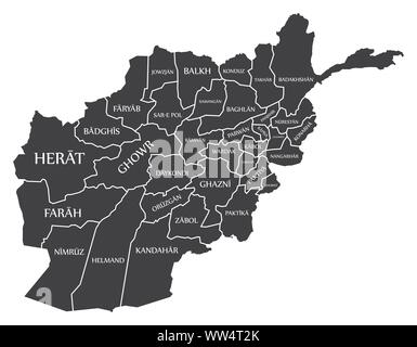 Afghanistan map with provinces and labels black Stock Vector