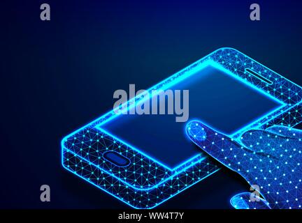 mobile phone with blank white empty screen in holding man hand and fingers. Illustration dark blue background. Communication app smartphone concept. A Stock Vector