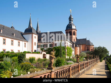 Herb garden with basilica St. Marcellinus and Peter, former Benedictine abbey Seligenstadt, Hesse, Germany Stock Photo