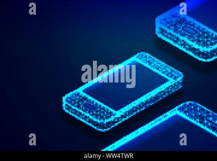 Isometric Smartphone. Phone with geometric structure, Communication concept. Abstract Low Poly Wireframe Mesh Design. Vector Illustration / Background Stock Vector