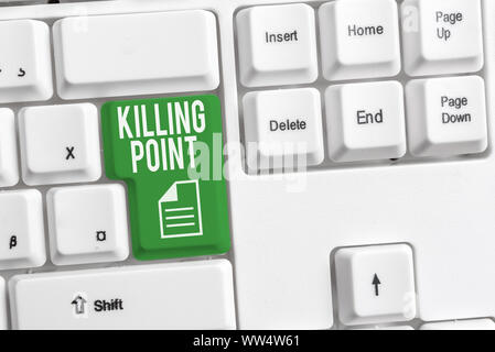 Conceptual hand writing showing Killing Point. Concept meaning Phase End Review Stage Gate Project Evaluation No Go White pc keyboard with note paper Stock Photo