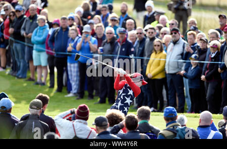 Team USA's Brittany Altomare tees off the 7th during the Foursomes match on day one of the 2019 Solheim Cup at Gleneagles Golf Club, Auchterarder. Stock Photo
