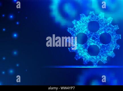 Abstract line and point Blue gear. Polygonal low poly background with connecting dots and lines. Illustration connection structure. Stock Vector