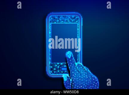 mobile phone with blank white empty screen in holding man hand and fingers. Illustration dark blue background. Communication app smartphone concept. A Stock Vector
