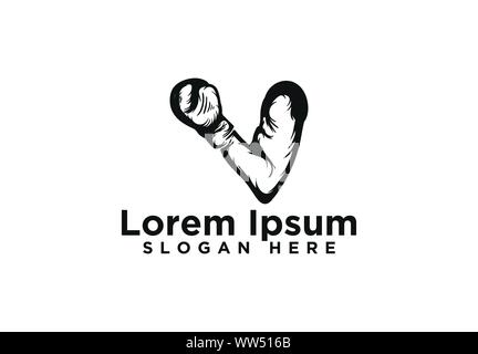 Sporty boxing logo template with the image of muscular arm Stock Vector